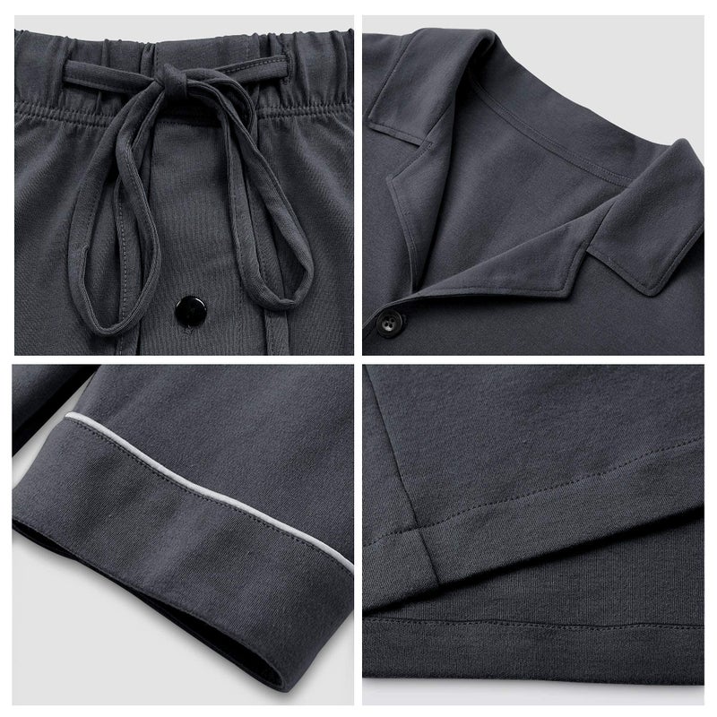 COLORFULLEAF Men's 100% Cotton Short Sleeve Pajama Sets Button Down Notched Collar Sleepwear Soft Lounge Pjs with Pockets (Deep Grey, XL) - Image 5